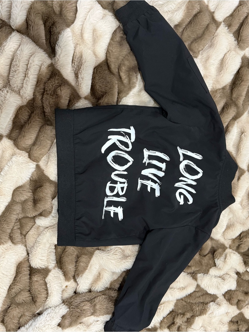 Kids Black Graphic Bomber Jacket - "Long Live Trouble"